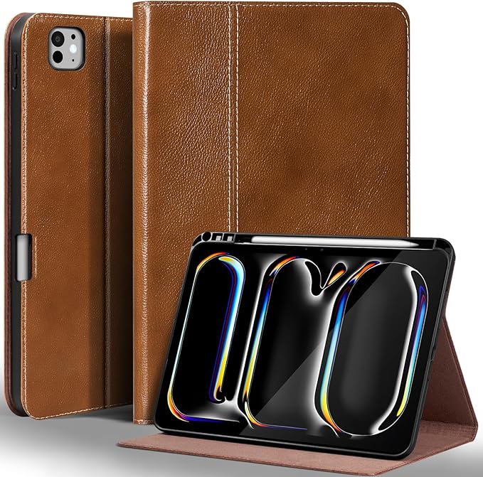 Gexmil Genuine Leather Case for iPad Pro 13 Inch (M5/M4) 2025/2024 with Pencil Holder,Protective Shockproof Smart Leather Folio Cover Adjustable Stand Auto Sleep/Wake,Yellow Brown