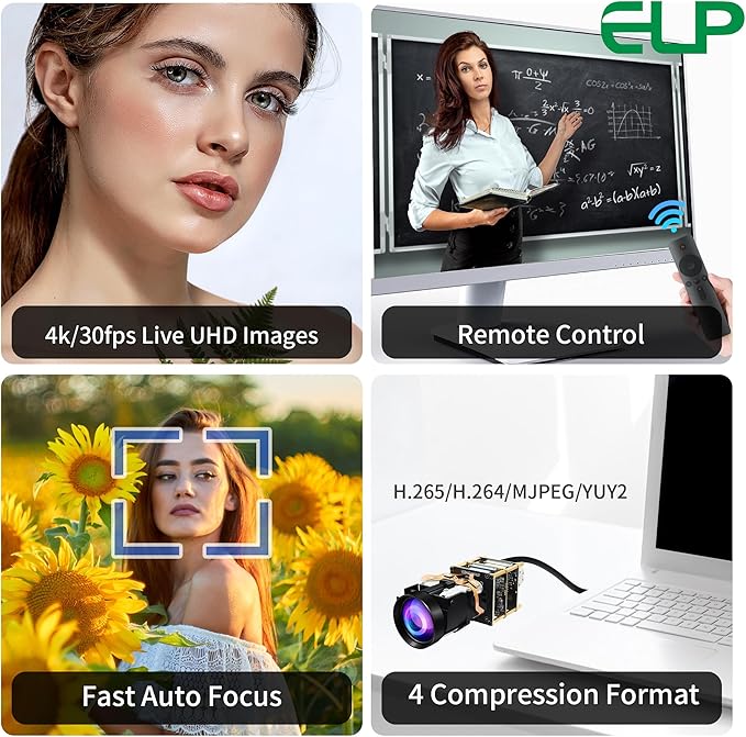 ELP 12X Zoom 4K 30fps USB Camera Module 1080P 60fps HDMI USB Webcam Autofocus Manual Zoom Infrared Remote Control PC Camera H.265 H.264 High Speed Webcamera for Church Streaming Video Conference
