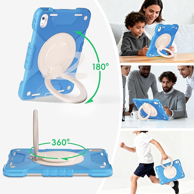 Andnary Case for iPad (A16) 11th Generation 11 inch 2025/10th Generation 10.9 inch 2022, Shockproof Cover with Screen Protector/360° Rotate Handle/Bracket/Pen Holder/Shoulder Strap (Blue+White)