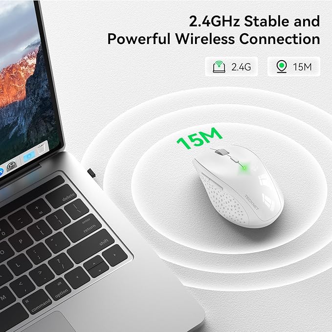 TECKNET Wireless Mouse, 2.4G Computer Mouse with 6-Level Adjustable 4800 DPI, 30 Months Battery, Ergonomic Grips, 6 Buttons Portable for PC, Chromebook, Mac - White