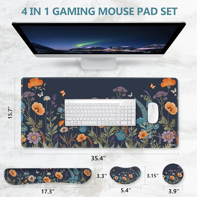 DINKY Desk Mat Keyboard Mouse Pad Set, Large Gaming Mouse Pad +Keyboard Wrist Rest +Mousepad with Wrist Rest +Coaster, Ergonomic Non-Slip 4 in 1 Combo, Flowers Plants Butterflies