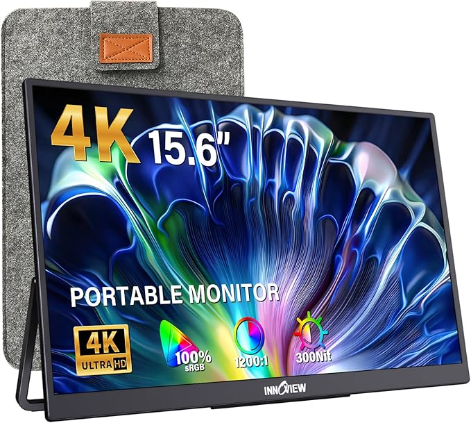 InnoView 15.6 inch Portable Monitor 4K UHD 3840x2160 | 100% sRGB HDR | External Monitor with 2 USB-C & HDMI Ports | Travel Second Monitor for Laptop Mac PC Xbox PS5 Switch (Includes Adapter)