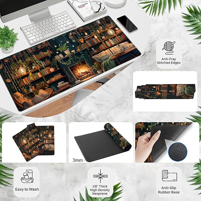 Large Mouse Pad Cozy Library, Extended Full Desk Mouse Mat Gaming Desktop Pad, Computer Keyboard Mat XXL, Vintage Office Decor Desk Laptop Cover Mat Big, Aesthetic Desk Accessories 31.5x15.7 Inch