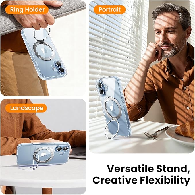 360°Ring Stand for iPhone 17 Case, Compatible with MagSafe,Suitable for Car Mount,Military-Grade Protective,Anti-Yellowing, Scratch-Resistant Back Cover Phone Case for iPhone 17 6.3", Clear Stand