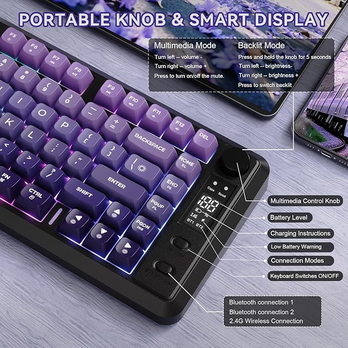 ZIYOU LANG M75 Wireless Gaming Keyboard, RGB Backlit Rechargeable 2000mAh Battery, Small Membrane But Mechanical Feel Keyboard with Smart Display & Knob, PBT Gradient keycaps for PC, MAC-Grape Purple