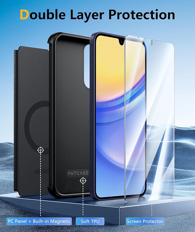 FNTCASE for Galaxy A15-5G Phone Case - Samsung A15 5G Magnetic Cover [Fit for Magsafe] with Screen Protector, Anti-Slip Textured, TPU+PC Dual Layer Shockproof, Military Grade Drop Protection (Black)