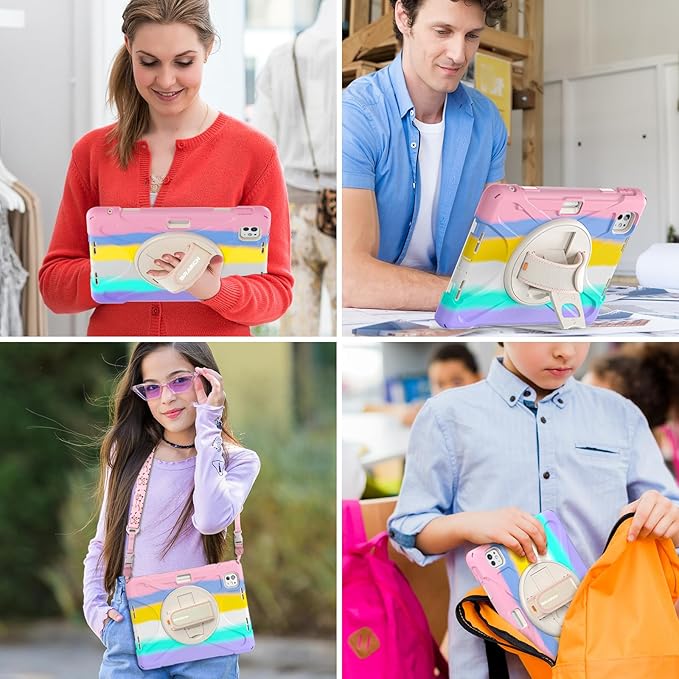 BRAECNstock Kids Case for Apple iPad Pro 11 inch M5 2025/ M4 2024, Shockproof Protective with Pencil Holder, 360° Rotating Hand Strap & Stand, Shoulder Strap for iPad Pro 11 M5/M4, Colorful Pink