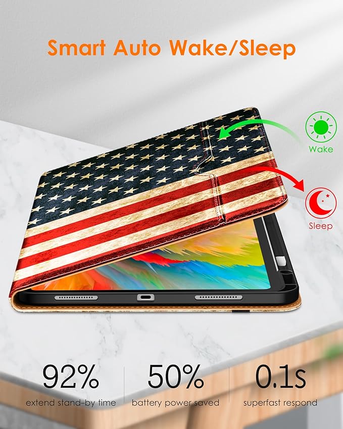 DTTO for iPad Pro 13 inch Case (M5/M4) 2025/2024, Premium Leather Business Folio Stand Cover with Pencil Holder - Auto Wake/Sleep & Multiple Viewing Angles, Built in Hand Strap & Pocket, US Flag