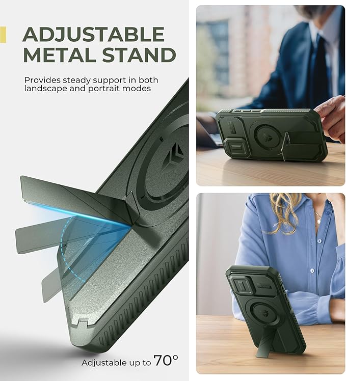 Dexnor for iPhone 16 Case with Slide Camera Cover & Adjustable Kickstand, Magnetic Rugged Shockproof Bumper Cases Heavy-Duty Magnetic Protective Cover,Army Green