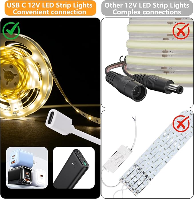 USB C 12V LED Strip Lights 16.4ft, Bright Under Cabinet Lighting for Kitchen, TV Backlight & RV Camper, Flexible Tape Light for 3D Printer & Desk