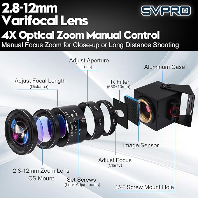 SVPRO 4K 60fps USB Camera with 2.8-12mm Manual Zoom Lens, HDMI/USB3.0 Dual Output, H.264/MJPEG, 4X Optical Zoom Webcam for PC, Mac, Raspberry Pi, Live Streaming, Video Conferencing, TV Monitor