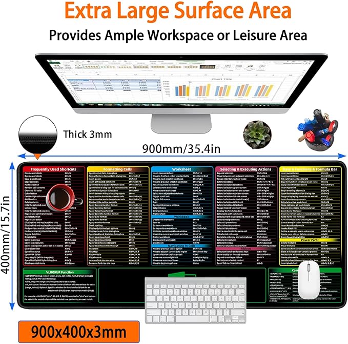 Excel Shortcuts Mouse Pad，Extended Large XXL（35.4x15.7x0.12in） Cheat Sheet，Gaming Mousepad，Giant PC Office Excel Desk Pad，Waterproof Keyboard Mat，Non-Slip Rubber Base，Stitched Edges