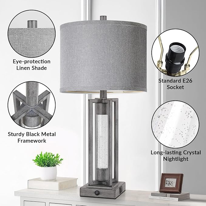 TOBUSA 26’’ Farmhouse Table Lamps for Living Room Set of 2, Modern Nightstand Lamps with Crystal Night Light & 2 USB Ports, Vintage Home Decor Grey Bedside Lamps with Gray Linen Shade for Bedroom