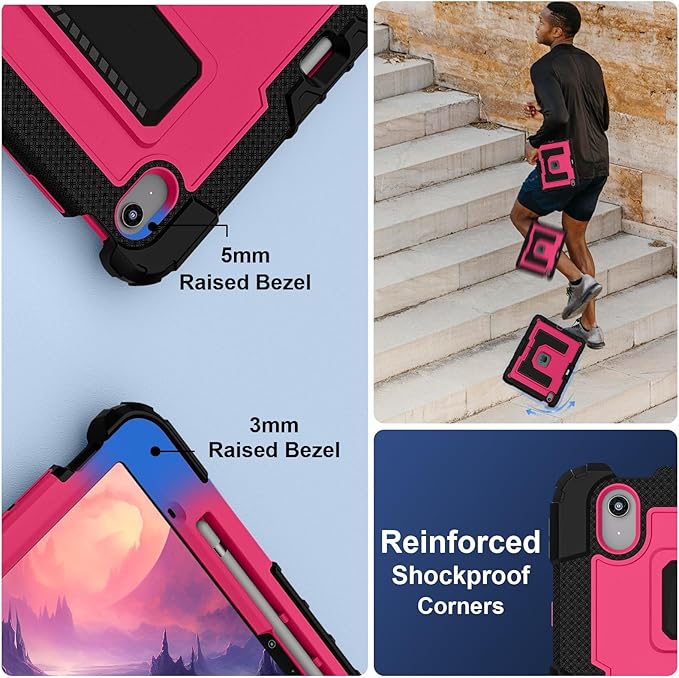 Kids Friendly Case for iPad Air 13 Inch M4 M3 M2 2026/2025/2024 Case with Pencil Holder & Shoulder Strap, Military Grade Shockproof Kickstand Hard Shell Protective Cover,Black+Rose