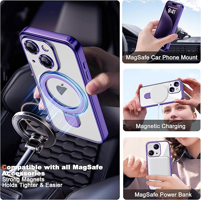 Compatible with iPhone 15 Plus Case with Invisible Magnetic Ring Stand [Compatible with Mag-Safe] [Full Camera Lens Protector] Plating Clear Phone Case for iPhone 15 Plus 6.7", Purple