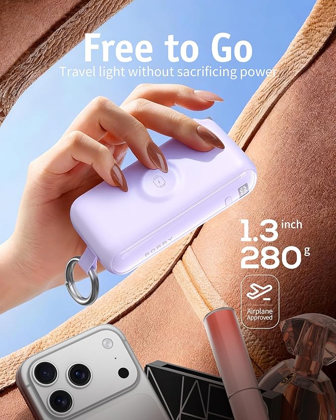 RORRY Flow Portable Charger, 10000mAh 40W Fast Charging Power Bank with Built-in USB C Cable and Foldable Wall Plug, Battery Pack Travel Essentials for iPhone 17/16/15, Apple Watch, iPad, MacBook