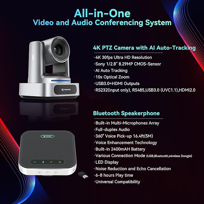 TONGVEO 4K AI PTZ Camera with 10X Optical Zoom & Bluetooth Conference Speakerphone, Auto Tracking Video Conferencing System with 360° Voice Pickup, HDMI USB Webcam for Church, Zoom, Teams