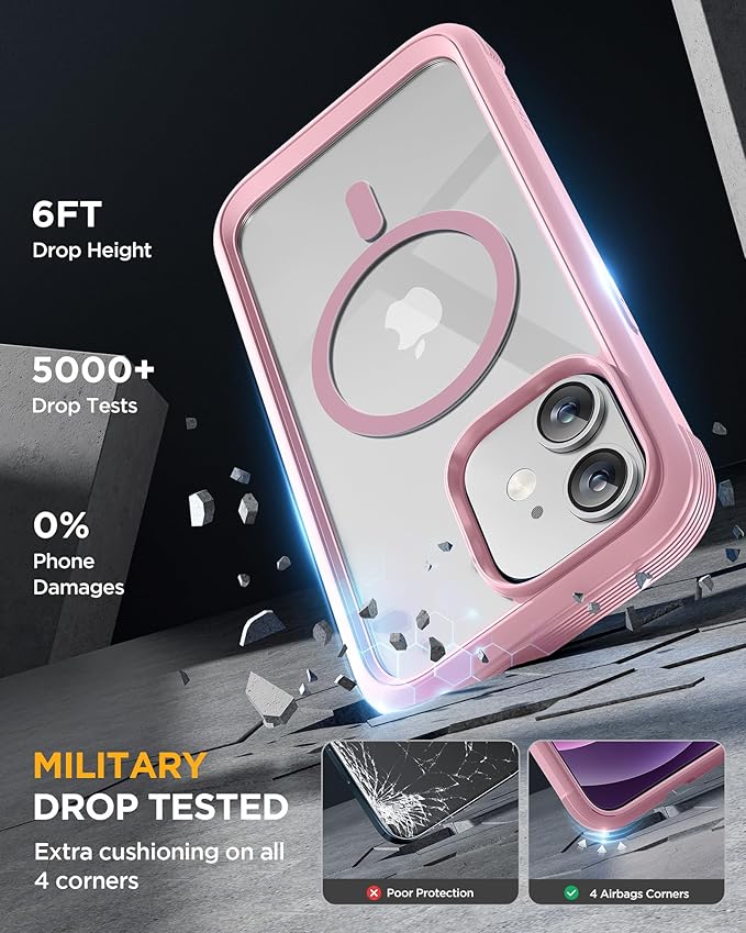 Miracase Glass Series Designed for iPhone 12/12 Pro 6.1 Inch, Upgrade Full-Body Magnetic Case with Built-in 9H Tempered Glass Screen Protector, with Camera Lens Protector, Magnetic Pink