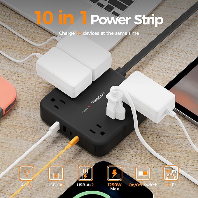 TESSAN 10Ft Black Extension Cord with Multiple Outlets, Surge Protector Power Strip with 6 Outlets and 4 USB Ports (2 USB C), 2100 Joules Protection, Flat Plug, Outlet Extender for Home, Office, Dorm