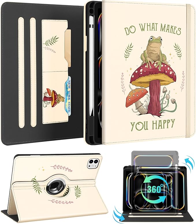 Kidcube for iPad Pro 11 Inch Case M4 2024 5th Generation - Women Girls Cute Rotating Stand Folio Cover with Pencil Holder & Card Slot Cool Frog Mushroom Design for iPad Pro 11'' Case 2024 M4 5th Gen