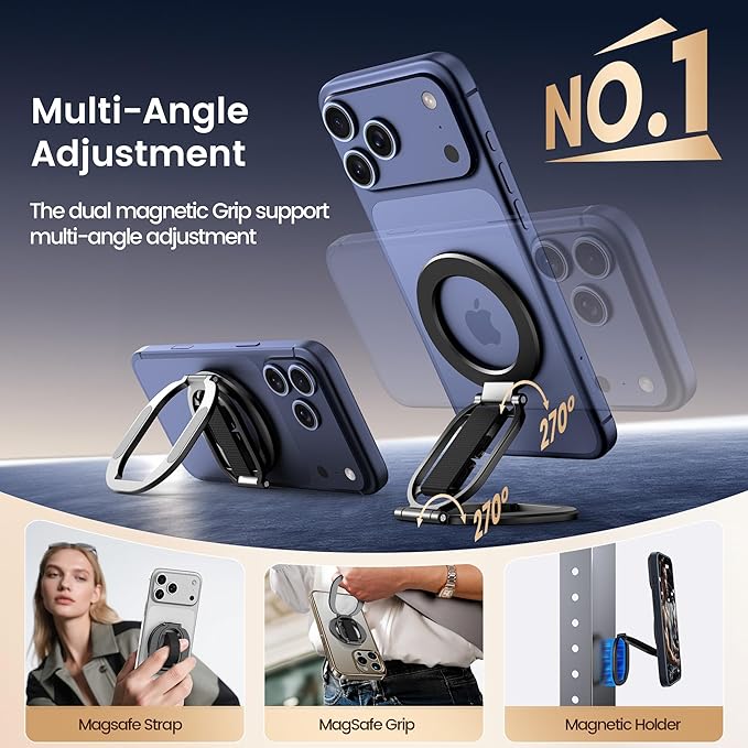 Foldable Double Sided Ring Magnetic Phone Grip & Kickstand, Finger Loop Strap Phone Ring Holder Compatible with MagSafe iPhone 17/16/15/14/13/12 Series and MagSafe Cases[Upgraded Version]