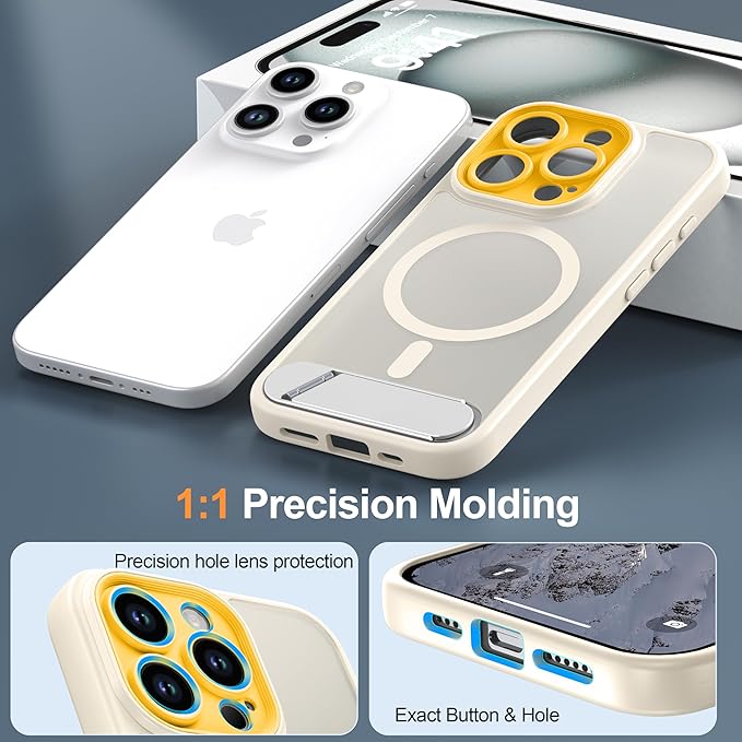 Magnetic Compatible with iPhone 15 Pro Case, [Built-in Kickstand][Full Camera Protection][Compatible with MagSafe][Anti-Fingerprint] Shockproof Phone Case for iPhone 15 Pro 6.1",Beige & Yellow