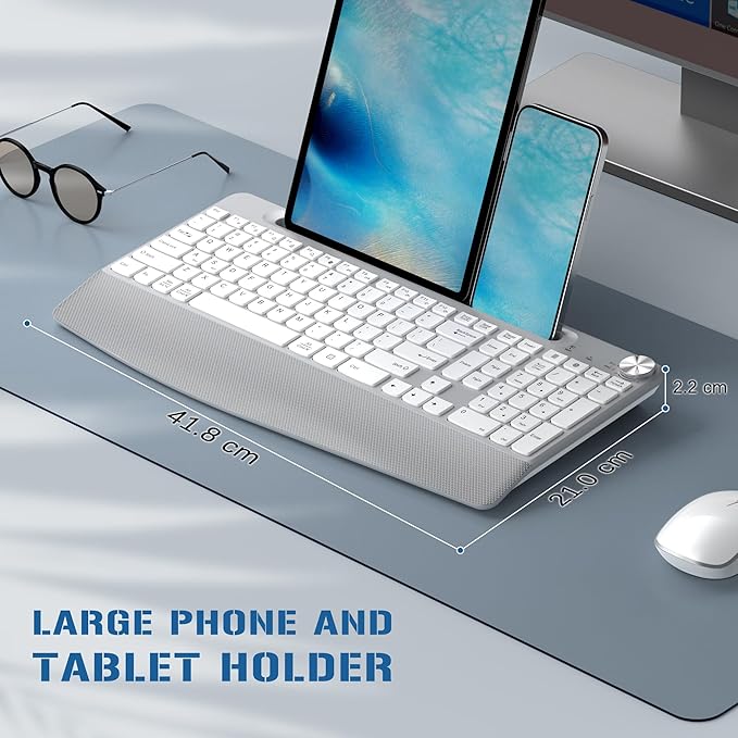 GAMCATZ Ergonomic Wireless Keyboard with Wrist Rest-Low-Profile,Phone/Tablet Holder,Quiet Design，Windows & Mac OS，Full Size Cordless USB Computer Keyboard for Desktop,Laptop, PC, Mac, Windows-White