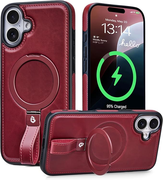 Butaiga for iPhone 17 Leather Case with Stand, Anti-Slip Grip Ring, Fits for MagSafe (Burgundy, iPhone 17)