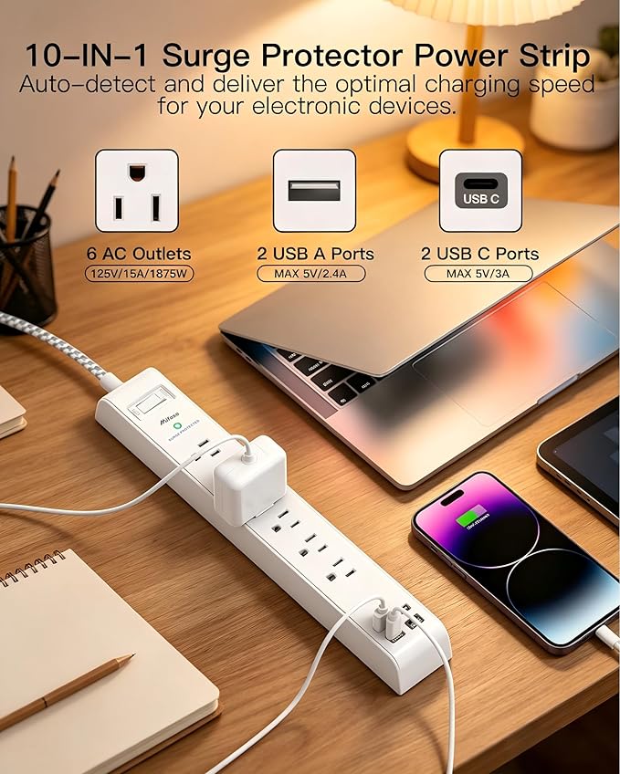 Surge Protector Power Strip 25FT, 10-in-1 with 6 AC Outlets 4 USB Ports(2 USB-C), Ultra Flat Plug Braided Extension Cord, Wall Mountable, 1080J Surge Protection, ETL Listed, White