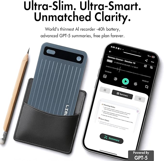 LIMU AI Voice Recorder, German Design AI Note Taking Device with GPT-5, Slim 64GB, 400 Min/Month Audio Recorder, Transcribe, Summarize, MindMap, 125 Language, AI Assist for Meetings, Calls, Lectures