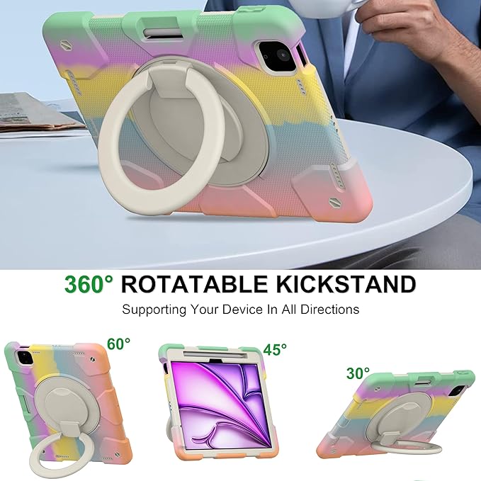 Andnary Case for iPad Air 11 inch Case M4/M3/M2 (2026/2025/2024), Heavy Duty Shockproof Cover with Screen Protector, 360° Rotating Stand, Pencil Holder, Shoulder Strap (Colorful Pink)