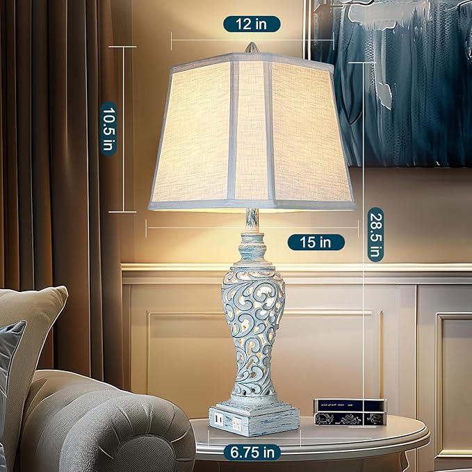 Table Lamp Bedside Lamps Set of 2, 28.5'' Luxsight Farmhouse Table Lamps for Bedroom, Lamps for Nightstands with Night Lights, with USB C+A Ports, Rustic Lamp for Living Room, Bulb Included
