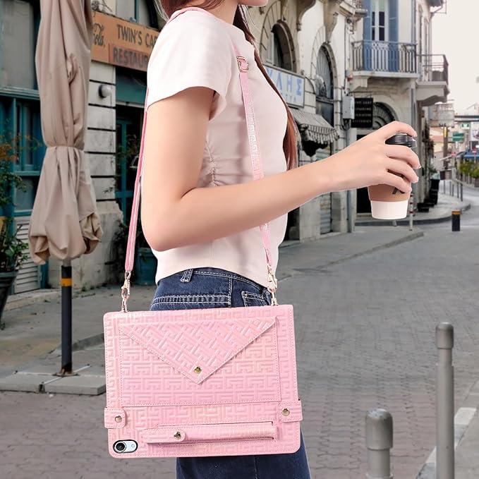 Shiny Case for iPad mini 7 2024/Mini 6th Gen Handbag Case, Techcircle Iridescent PU Leather Folio Envelope Pocket Stand Cover with Hand Strap+Shoulder Strap+Pencil Holder+Card Slots, Shiny Pink
