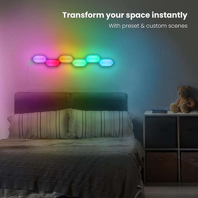 Feit Electric Smart LED Hexagon Tile Lights, 7" Ea, Linkable, RGBW Color Chasing, 2.4GHZ WiFi Enabled, Compatible with Alexa and Google Home Asst, Music Sync, Remote App, 6 Pack - HEX/CHASE/AG/6KIT