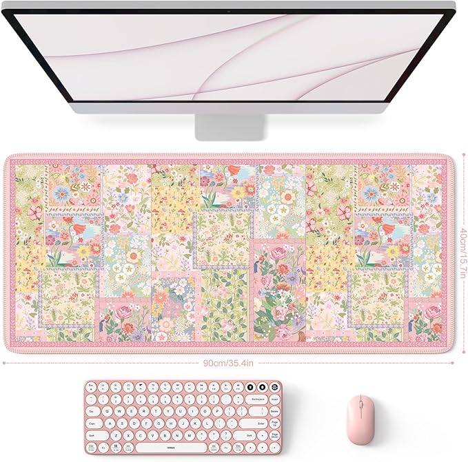 HAOCOO Cute Pink Desk Matt for Desktop, Floral Mouse Pad with Stitched Edge, Desk Protector Mat with Non-Slip Rubber Base, 35.4” x 15.7" Largr Computer Pad for Women Office