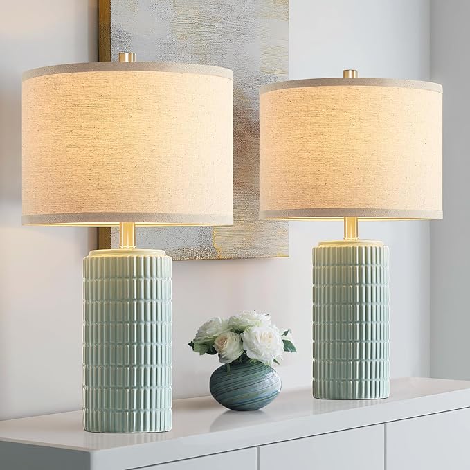 AIEAMPDO 23" Set of 2 Ceramic Table Lamps for Living Room Bedroom, Modern Nightstand Desk Lamp for Entryway, Office, Study Room, 2 LED Bulbs Included