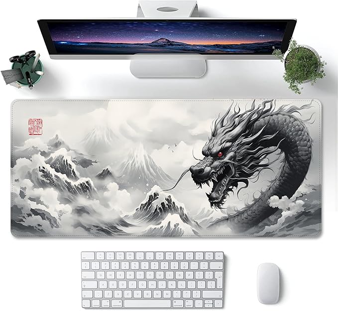 ProbTis Black and White Dragon Mouse Pad, Large Japanese Desk Mat, XXL Anime Gaming Keyboard Mat, Oriental Decor, Big Extended Desk Protector for Home Office, 35.4"x15.7" (Dragon BW)