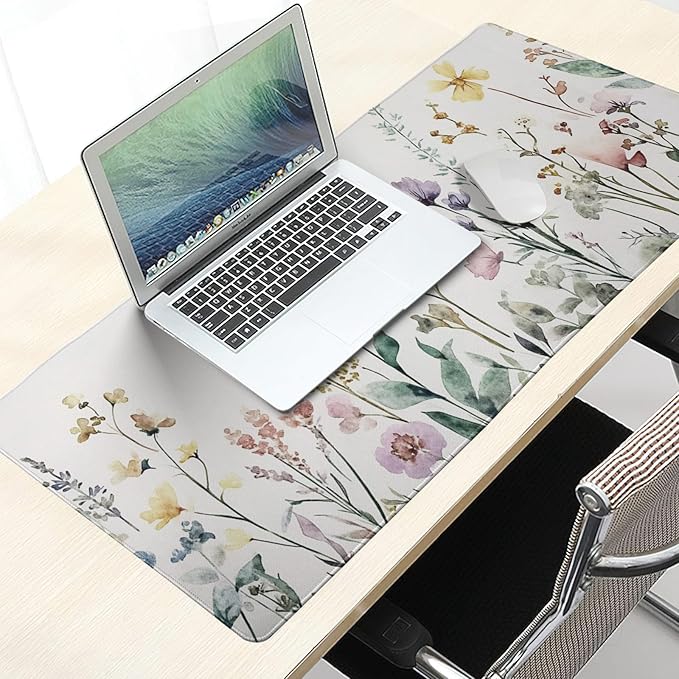 Floral Desk Mat Large Extend Mouse Pad XXL Beige Boho Desk Pad 35.4x15.7 Inch Cute Minimalist Flowers Mouse Pads Flowers Esthetics Computer Laptop Mouse Mat Non-Slip for Home Office Desktop Decor