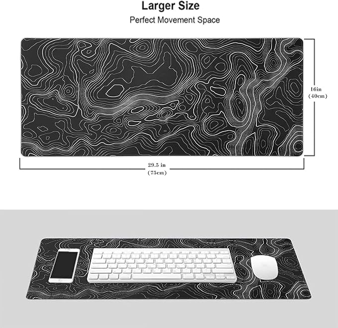 AQQA Mouse Pad,Extended Large Gaming Mousepad mat with Non-Slip Rubber Base,Topographic Map Lines Contour Geographic Background,for Gaming Office Laptop Computer Men Women(29.5x16 Inch,Black)