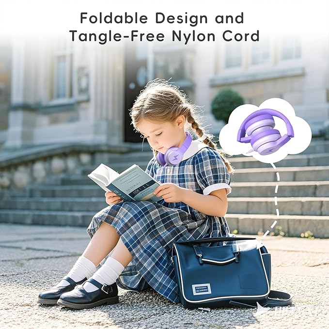 Candy Bila Kids Headphones, Wired Headphones for Kids Over Ear with Microphone, 85/94dB Volume Limiter Headphone for Girls Boys, Foldable Headphone for Learning & Entertainment, Gradient Deep Purple