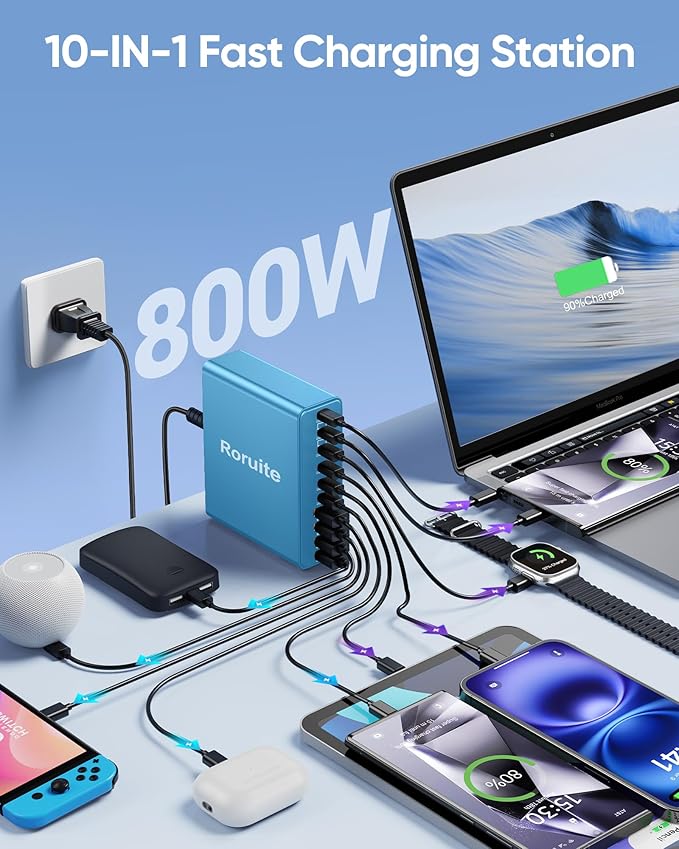800W USB C Charging Station, 120W PD GaN5 Super Fast USB C Charger Block-10 Port, Type C for PC Laptop MacBook Pro/Air Charger Compatible with iPhone 17 16 15 14 13 12 Pro Max, iPad, Galaxy (Blue)