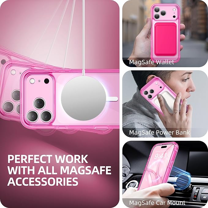 BERFY for iPhone 17 Pro Case, Compatible with MagSafe, Built-in Glass Screen Protector, Camera Protection, Shockproof Full Body Phone case 6.3", Clear Bright Pink