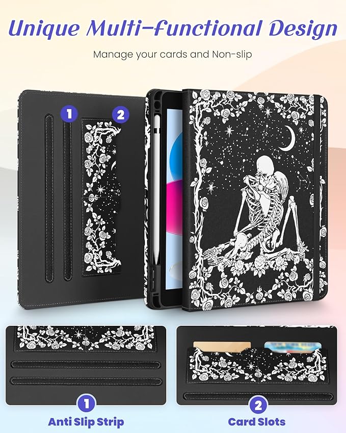 Kidcube for iPad 10th Generation Case 2022, for iPad (A16) Case 11th Generation 2025 - Women Girls Cute Rotating Stand Folio Cover with Pencil Holder & Card Slot Goth Skull Floral Design Cases