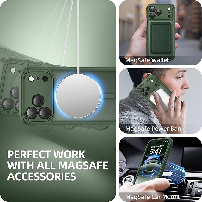 BERFY for iPhone 17 Pro Max Case, Compatible with MagSafe, Built-in Glass Screen Protector, Camera Protection, Shockproof Full Body Phone case 6.9", Translucent Deep Green