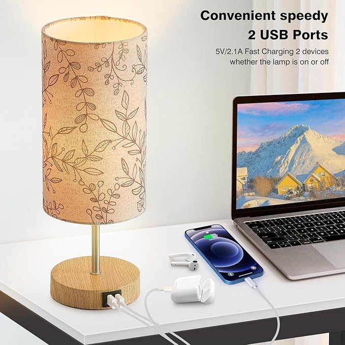 Bedside Touch Lamp, Wood Small Table lamp for Bedroom with 2 USB Charging Ports & Flower Fabric Shade, 3-Way Dimmable Nightstand Lamps for Living Room Office Reading Desk Home Dorm(LED Bulb Included)