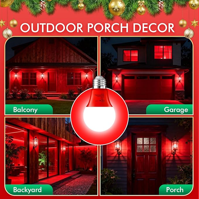 TJOY LED Red Light Bulb, Red Colored Light Bulbs Outdoor, A19 60 Watt Equivalent, 5W E26 Base Lightbulb for Christmas Porch Indoor Party Bedroom Decoration, Non-Dimmable, 4 Pack
