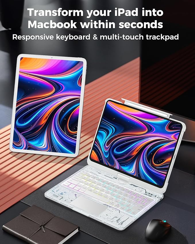 TSQQST Clear Wireless Keyboard Case for iPad Pro 13 Inch M5/M4 2025/2024 with Pencil Holder & Multi-Touch Trackpad, Visible PCB High-Tech Style, 3-Brightness & 7-Color Backlight, 360 Rotatable, White