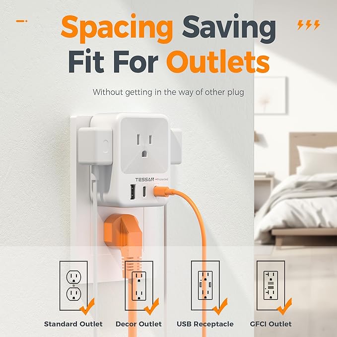 TESSAN Surge Protector Wall Outlet Extender, Multi Plug Outlet Splitter with 3 USB Charging Blocks(2 USB C), Multi Plug Wall Charger for Home, Office, School, College Dorm Essentials, Grey