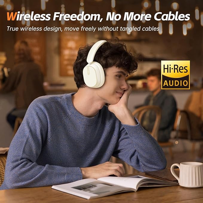 Hybrid Active Noise Cancelling Bluetooth Headphones,Bluetooth 6.0 Over Ear Wireless Headphones with 60H Playtime, Hi-Res Audio, Deep Bass, Memory Foam Ear Cups for Home Office Travel White