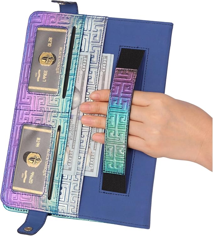 Shiny Case for iPad mini 7 2024/Mini 6th Gen Handbag Case, Techcircle Iridescent PU Leather Folio Envelope Pocket Stand Cover with Hand Strap+Shoulder Strap+Pencil Holder+Card Slots, Shiny Indigo